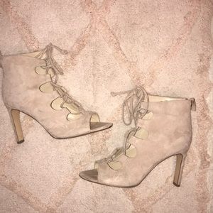 Blush Suede Lace Up Open Toe Ankle Booties